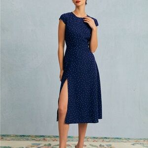 RIHOAS Navy Blue Midi Dress with White Dots